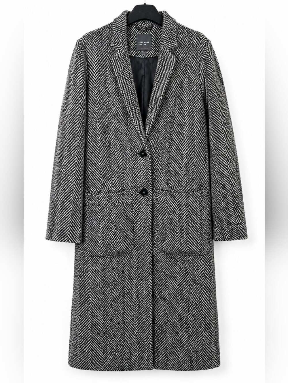 Primark Women’s Long Herringbone Coat Size 14 Black White Button Front